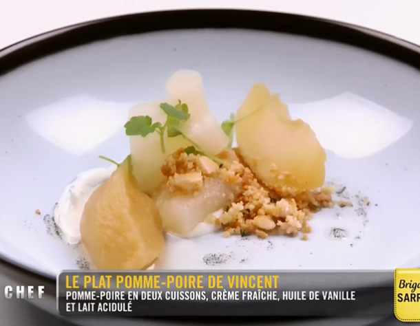 Pommes poires en deux cuissons crème fraîche huile de vanille et lait acidulé