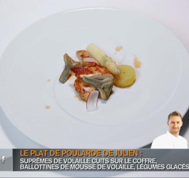 Poularde de Bresse, artichauts, pommes de terre et asperges