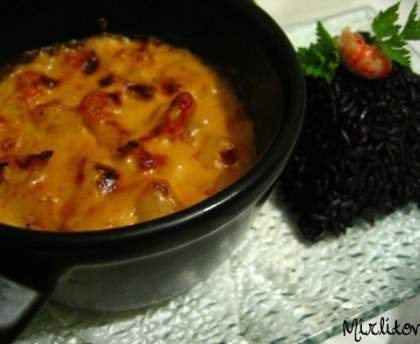 Queues d'écrevisses gratinées au comté avec lentilles