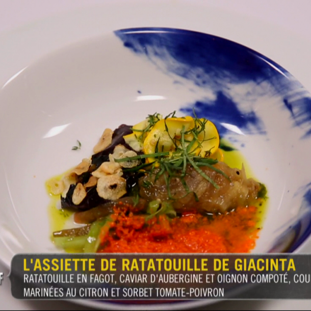 Ratatouille en fagot, caviar d’aubergine et oignon compoté, courgettes marinées au citron et sorbet tomate-poivron