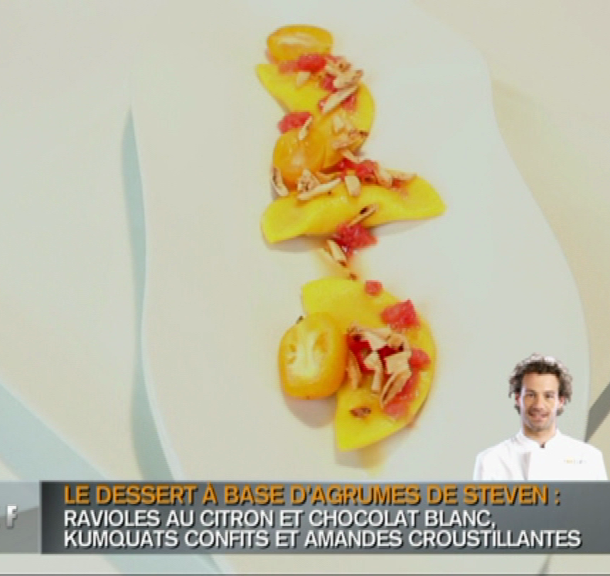 Ravioles citron chocolat blanc, kumquats confits et amandes grillées