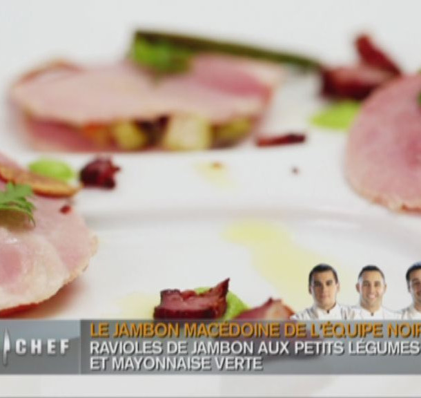 Ravioles jambon macédoine, légumes verts et poitrine fumée