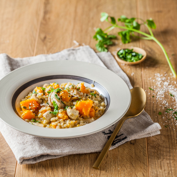 Risotto d’orge aux champignons et butternut