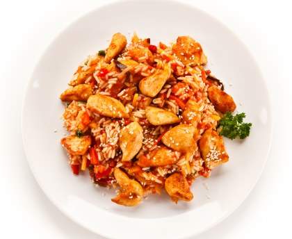 Riz, poulet à la crème fraîche et à la tomate