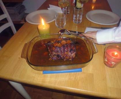 Rôti de Porc gingembre confit et abricots secs