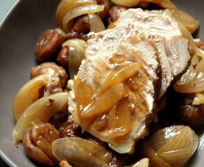 Rôti de veau aux marrons et échalotes