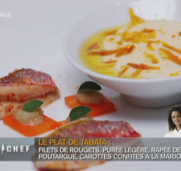 Rouget barbet au piment d'espelette, carottes confites à la marjolaine, mousse de pommes de terre et poutargue