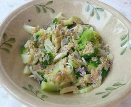 Salade de brocoli, avocat, cébettes et poulet sauce soja citron sésame