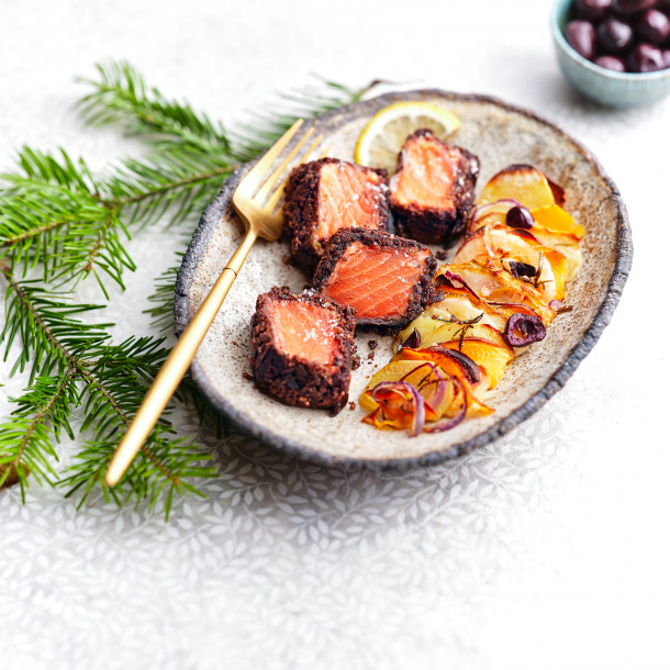 Saumon en croûte de tapenade & tian de légumes rôtis