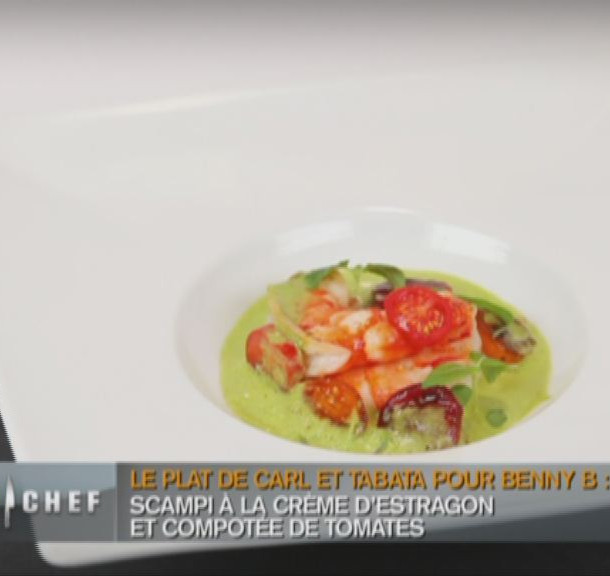Scampis à la crème d'estragon et textures de tomates