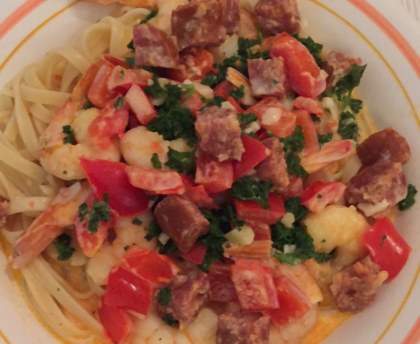 Scampis au chorizo et poivrons rouges
