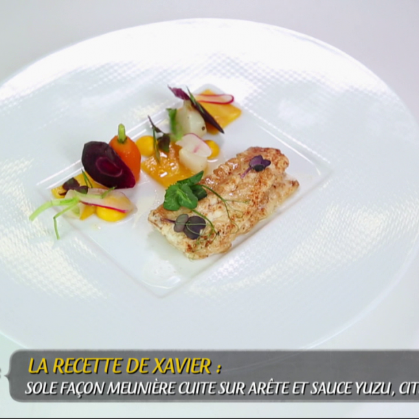 Sole rôtie sur arêtes, jardin de légumes et sauce yuzu