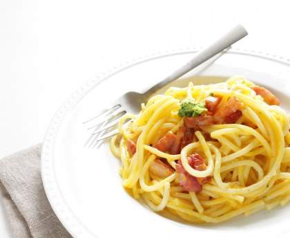Spaghetti à la crème et aux lardons au wok