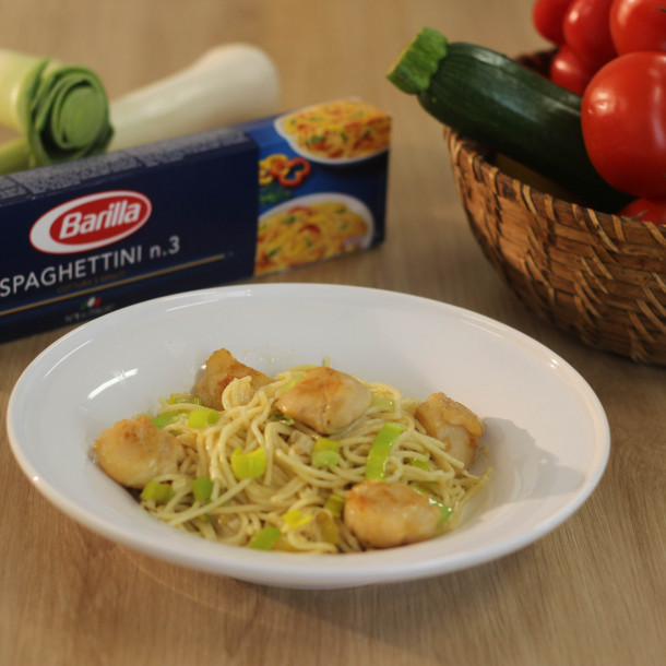 Spaghettini aux poireaux et noix de St Jacques citronnées