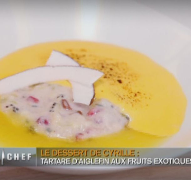 Tartare d'aiglefin aux fruits exotiques, coulis de mangue et sabayon au rhum