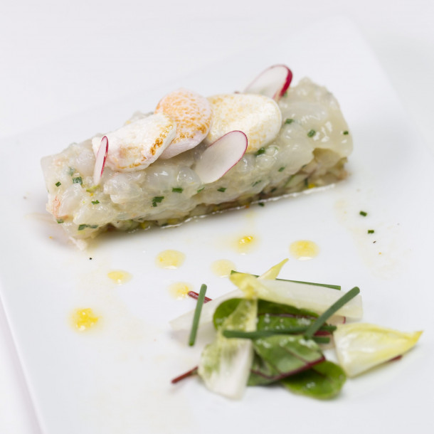 Tartare de langoustines et brunoise de crudités, guimauve