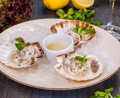 Tartare de Saint-Jacques, huitres et bar