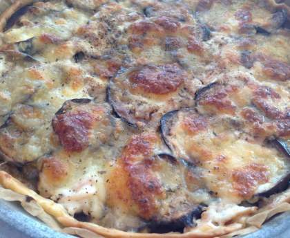 Tarte aubergines, saumon, chèvre