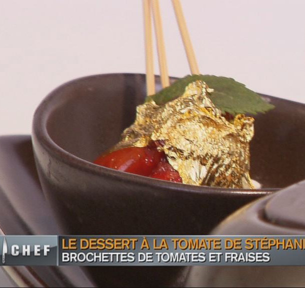 Tomat’o fraises, faisselle et brochette au balsamique