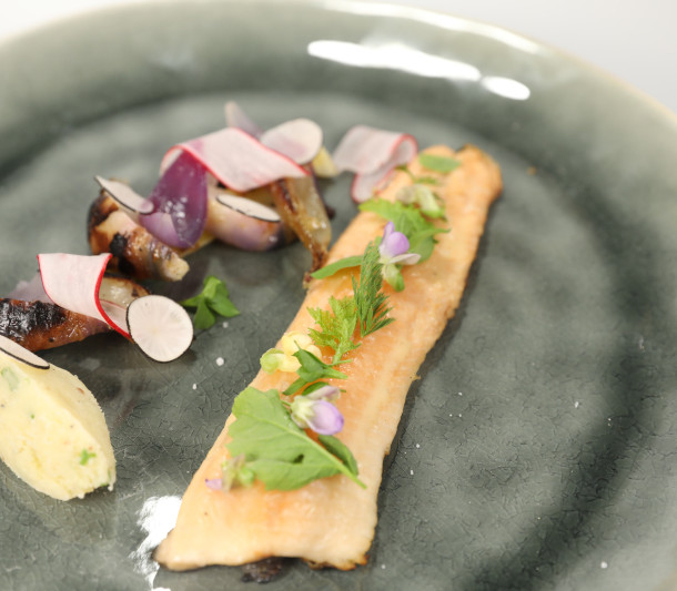 Truite à la flemme, racine à la braise et crème aux oursins fumés