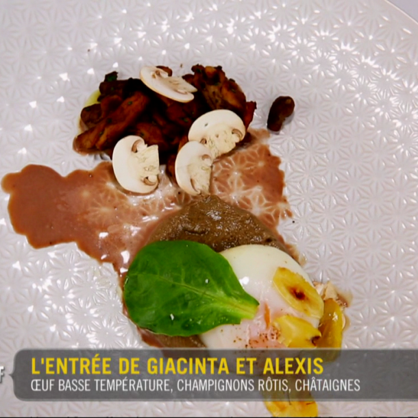 Œuf basse température, champignons rôtis, châtaignes