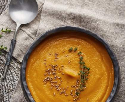 Velouté de potiron et carottes au boursin aux poivres