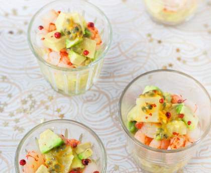 Verrine de crevettes aux fruits exotiques et huile de vanille