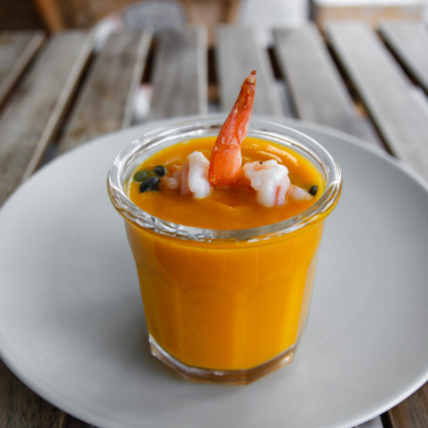 Verrine de potimarron et crevettes au curry