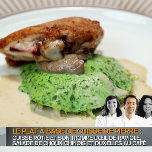Volaille en deux façons, salade de chou chinois, crème champignons au café