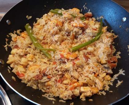 Wok riz poulet crevettes